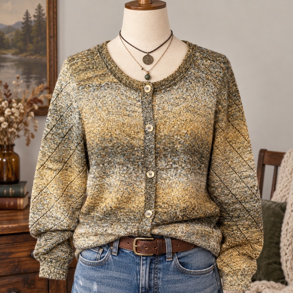 Earthy Autumn Boho Cardigan Sweater Sz XL Cabincore Rustic Earthcore Pointelle